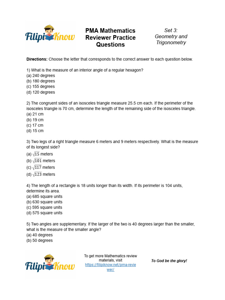 PMA Mathematics Reviewer Set 3 Practice Questions | PDF | Triangle | Area