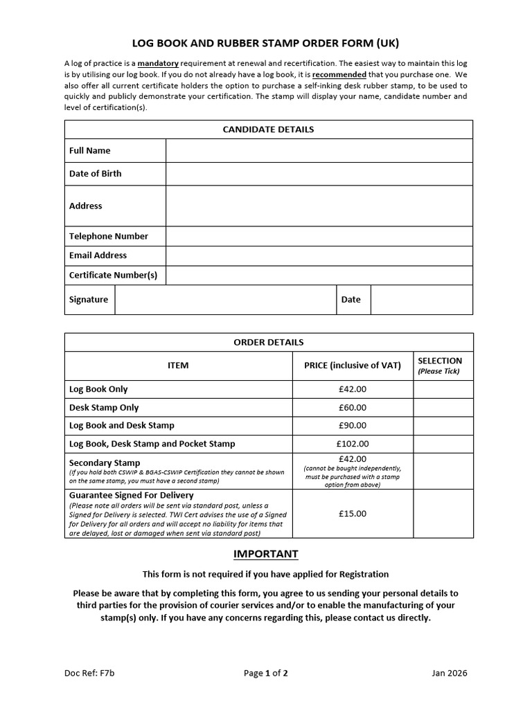 Bgas Cswip Log Book and Stamp Order Form Uk v12 | PDF | Payments | Wire ...