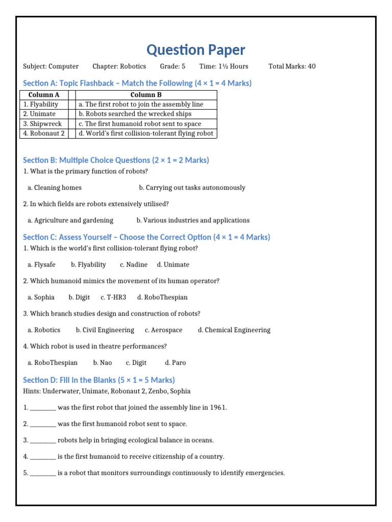 Grade 5 Computer Robotics Question Paper | PDF | Robot | Robotics