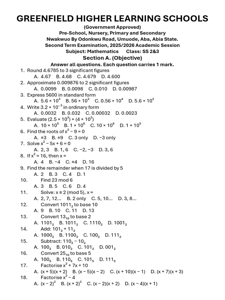Greenfield Higher Learning Schools: Section A. (Objective) | PDF