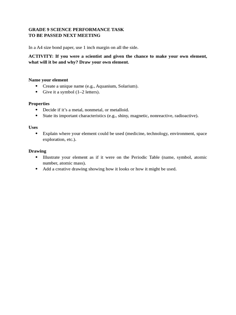 Grade 9 Science Performance Task October 3 | PDF