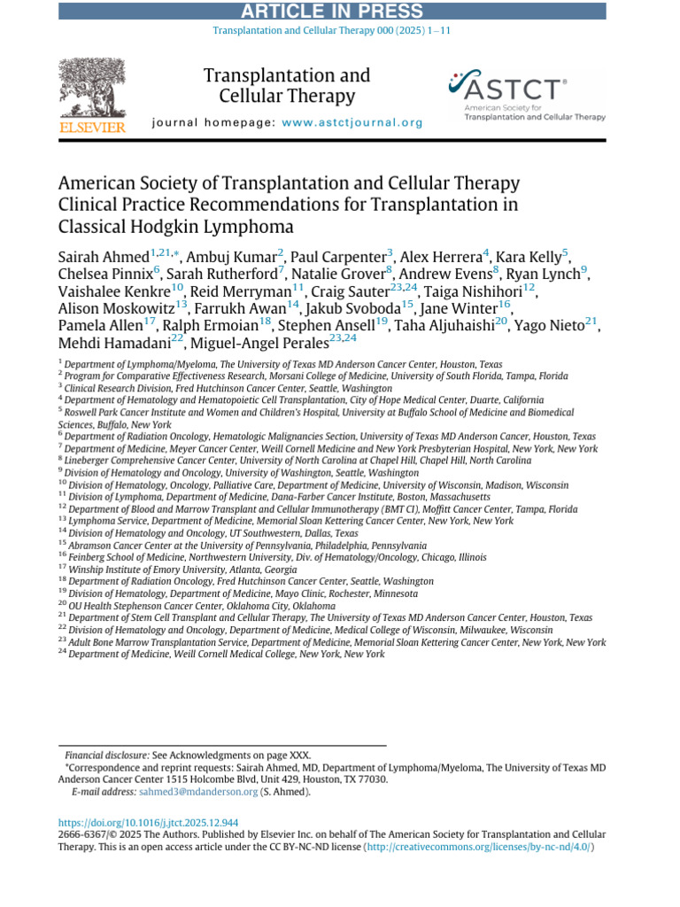 ASTCT Clinical Practice Recommendations For Transplantation in CHL ...