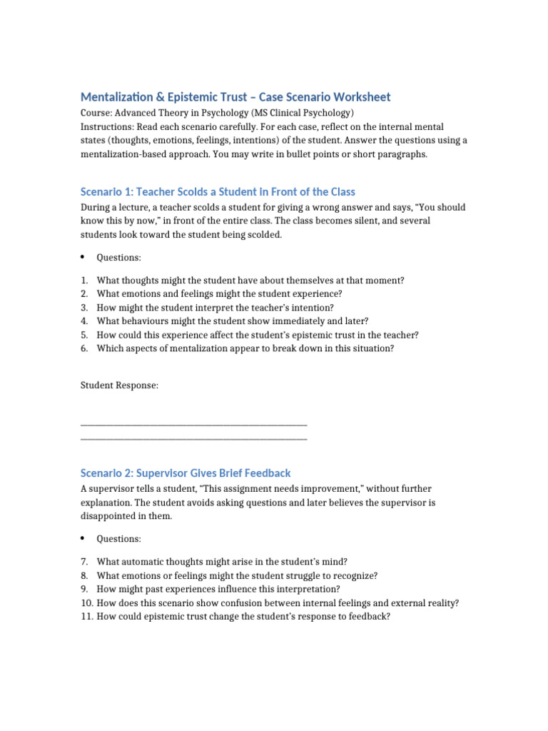 Mentalization Case Scenarios Worksheet | PDF | Thought | Feeling