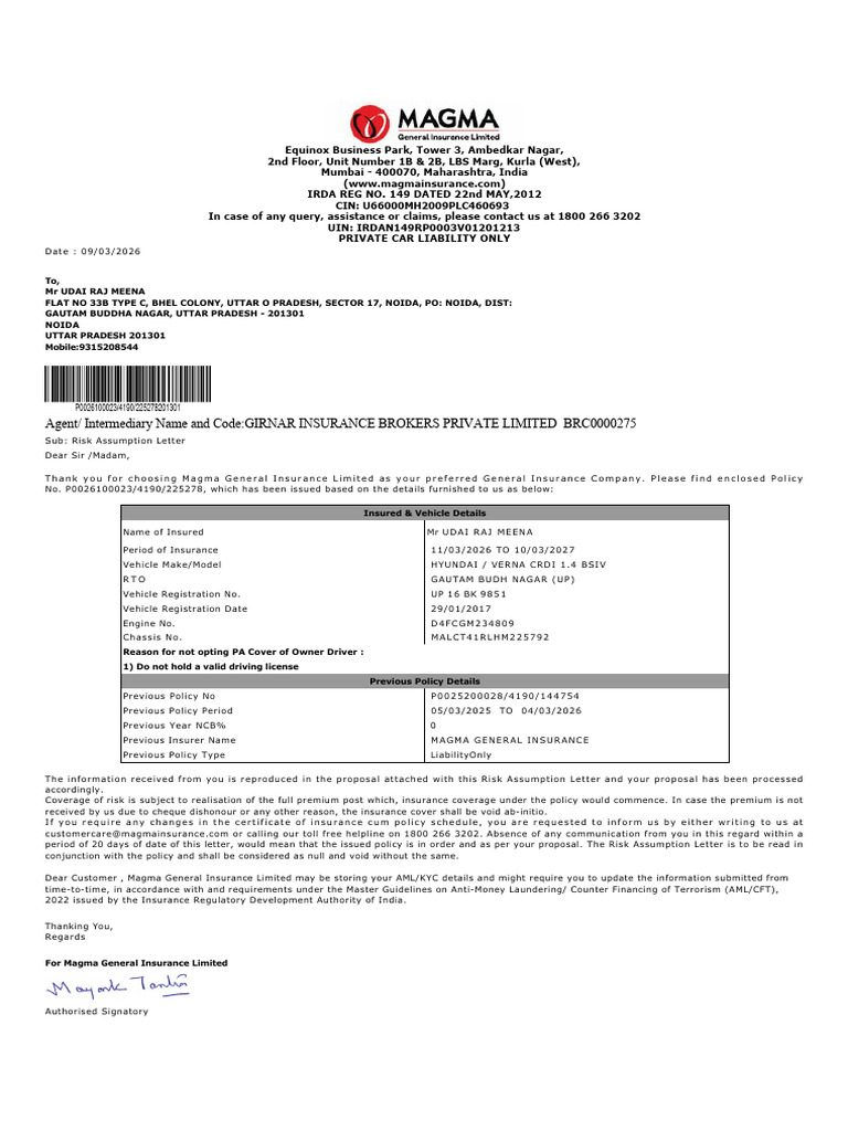 Agent/ Intermediary Name and Code:GIRNAR INSURANCE BROKERS PRIVATE ...