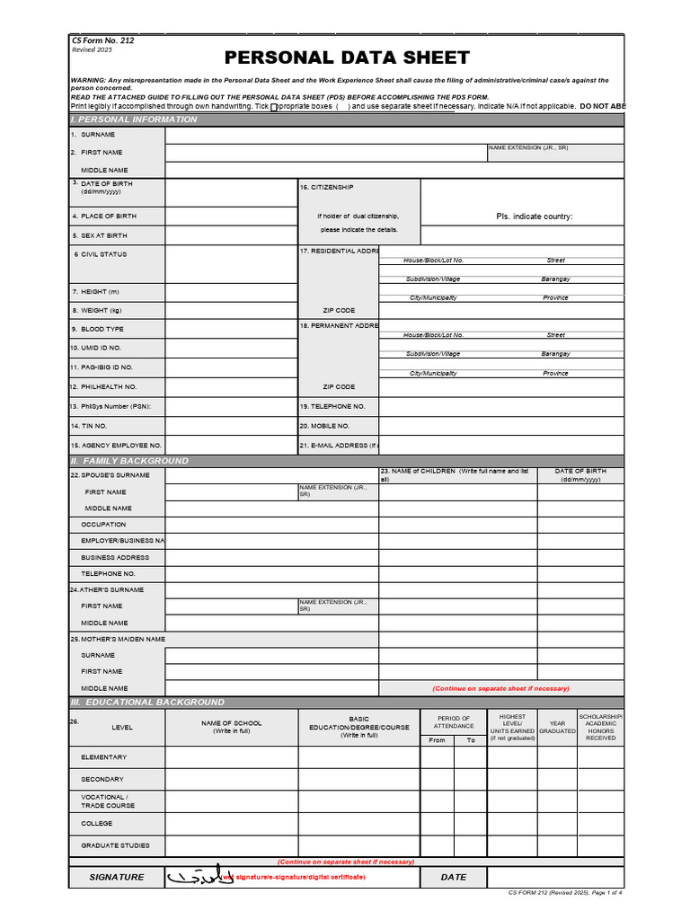 CS Form No. 212 Revised 2025 Personal Data Sheet - XLSX Compressed | PDF