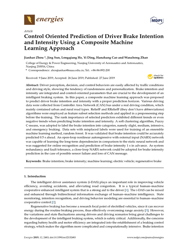 Control Oriented Prediction of Driver Brake Intention and Intensity ...