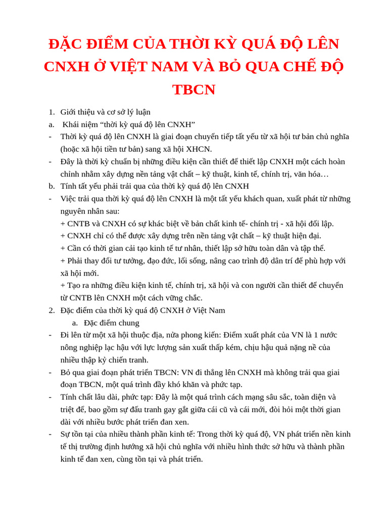 ĐẶC ĐIỂM CỦA THỜI KỲ QUÁ ĐỘ LÊN CNXH Ở VIỆT NAM VÀ BỎ QUA CHẾ ĐỘ TBCN | PDF