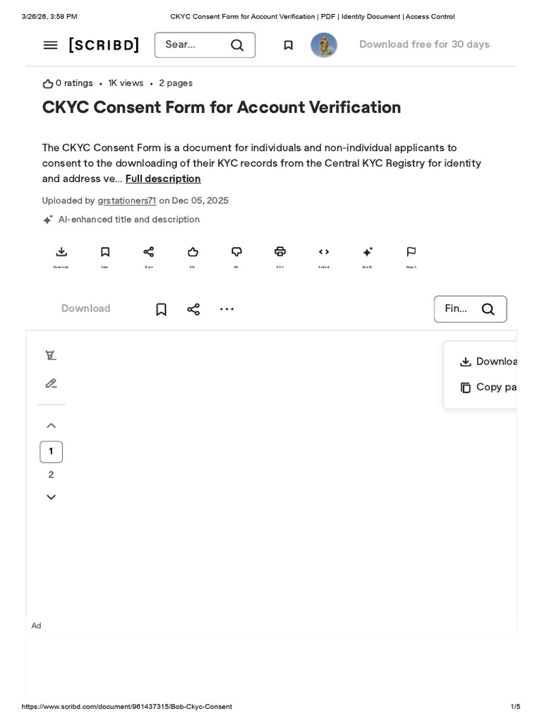 CKYC Consent Form For Account Verification - PDF - Identity Document ...