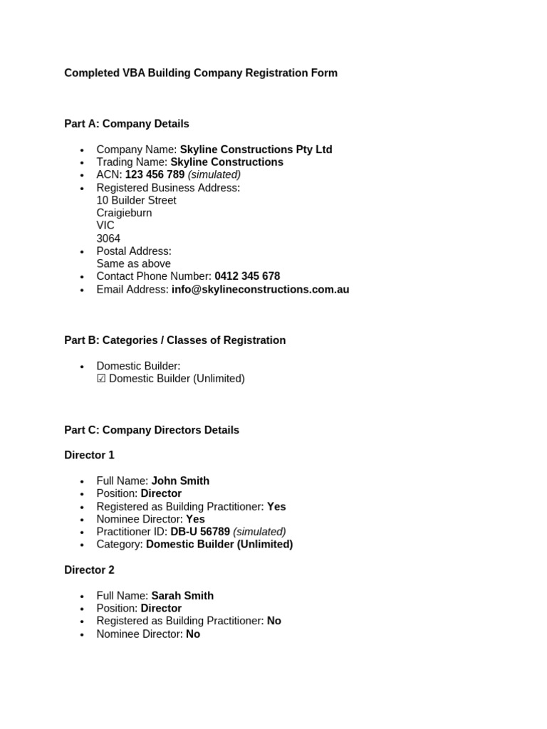 Completed VBA Building Company Registration Form | PDF