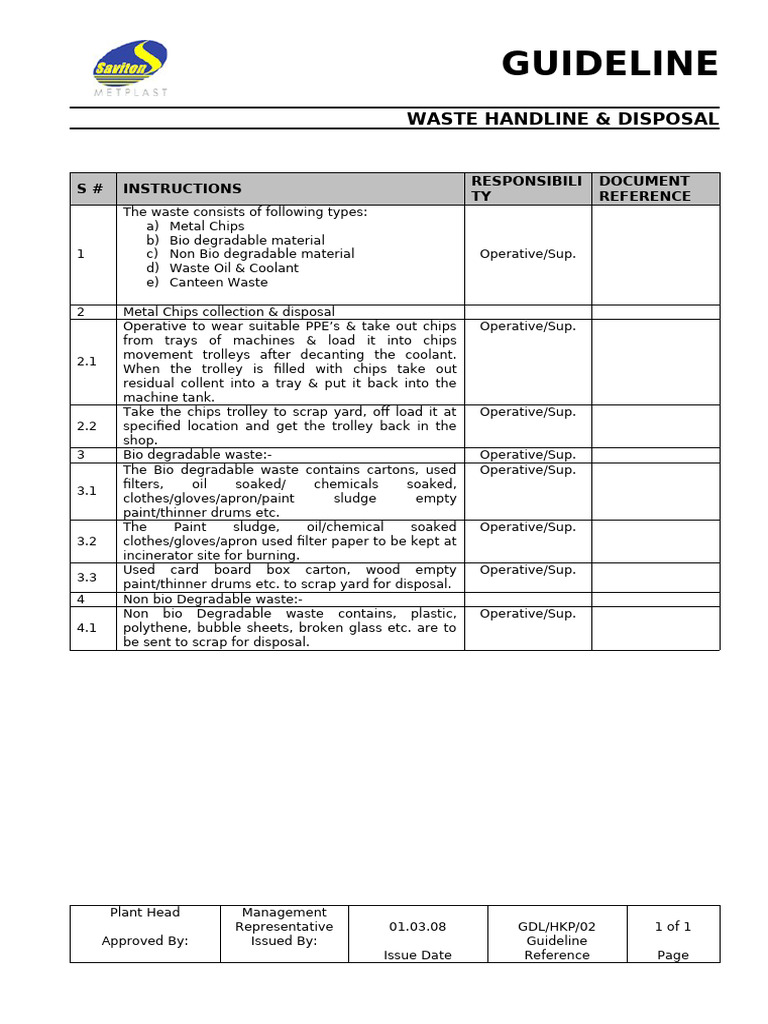 Guideline For Waste Handling & Disposal | PDF