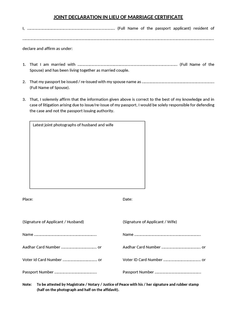 Joint Declaration in Lieu of Marriage Certificate 2026 | PDF