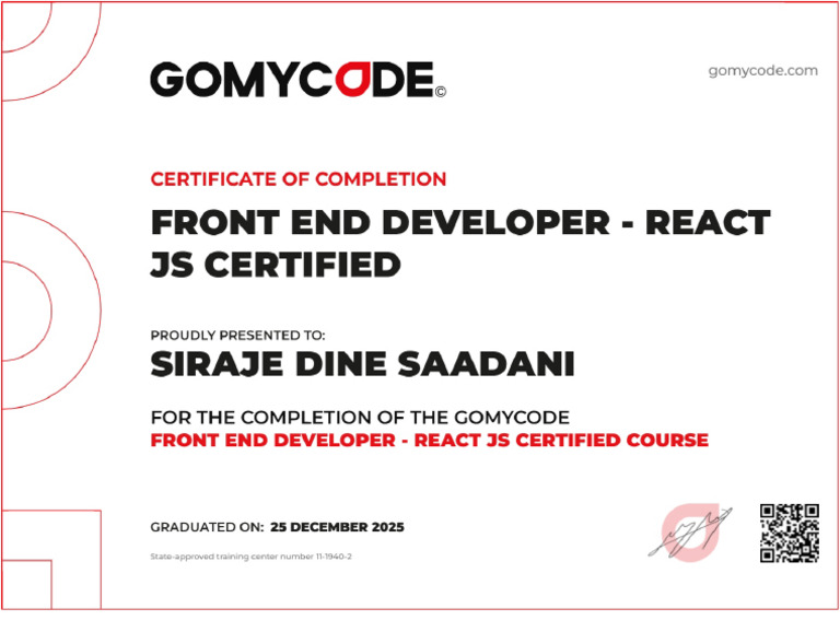 Siraje Dine Saadani-Front End Developer - React JS Certified ...