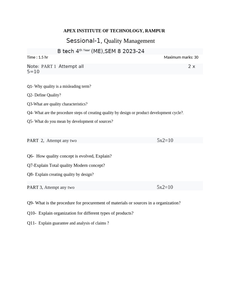 QP 1 Quality Management | PDF