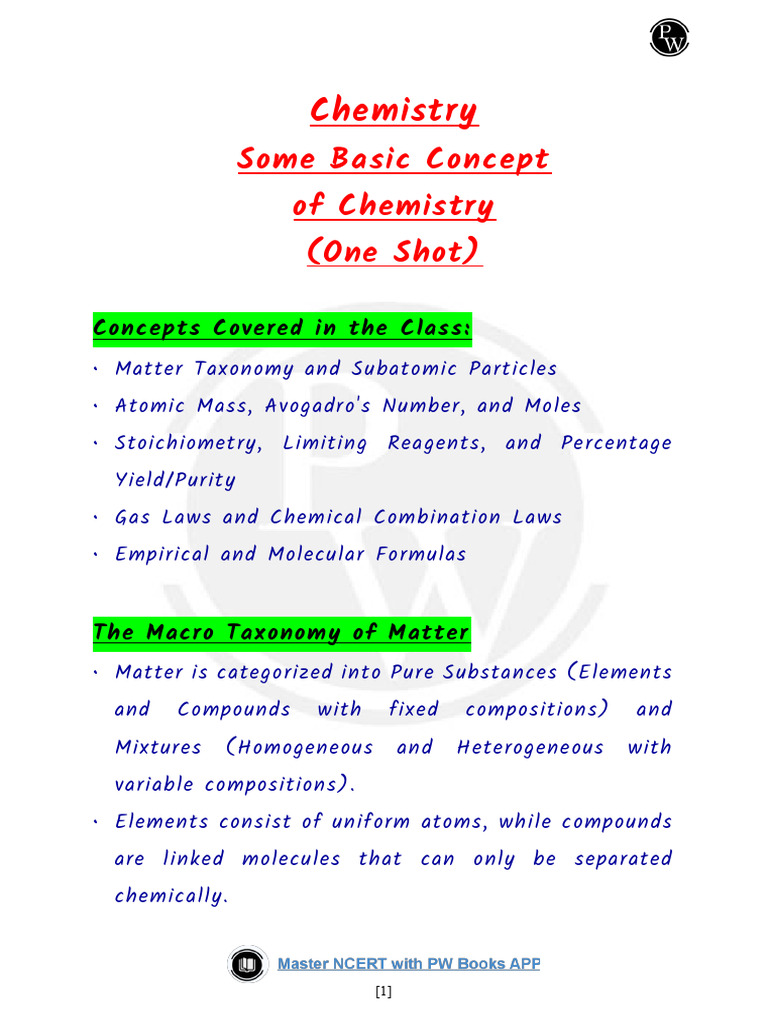 Some Basic Concept of Chemistry-Summary Notes PDF | PDF
