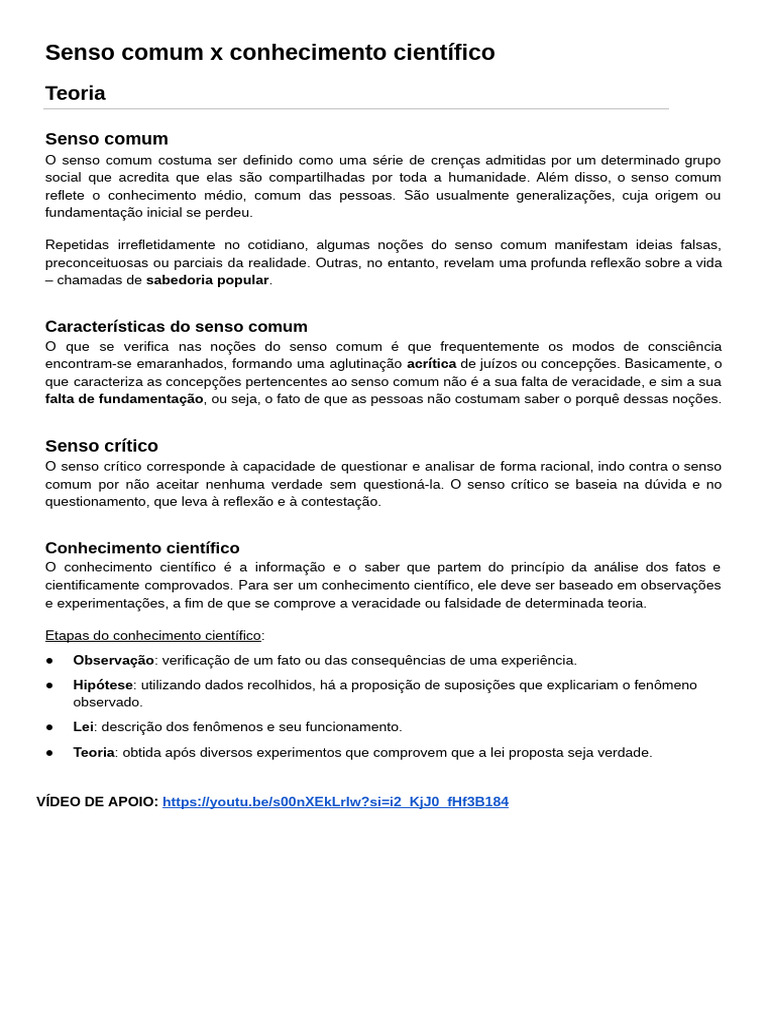Senso Comum e Conhecimento Científico - Documentos Google | PDF