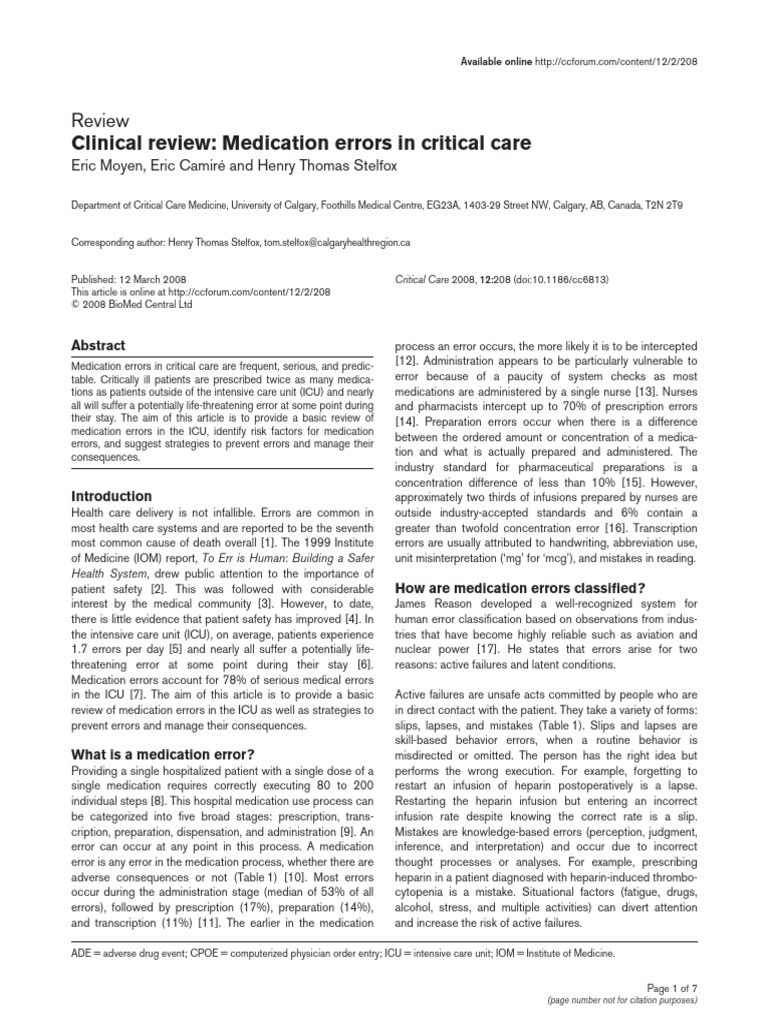 Clinical Review Medication Errors in Critical Care | PDF | Medical ...