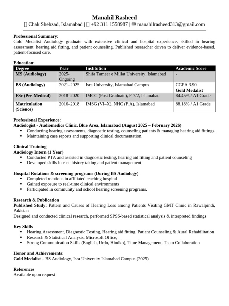Manahil Rasheed CV | PDF