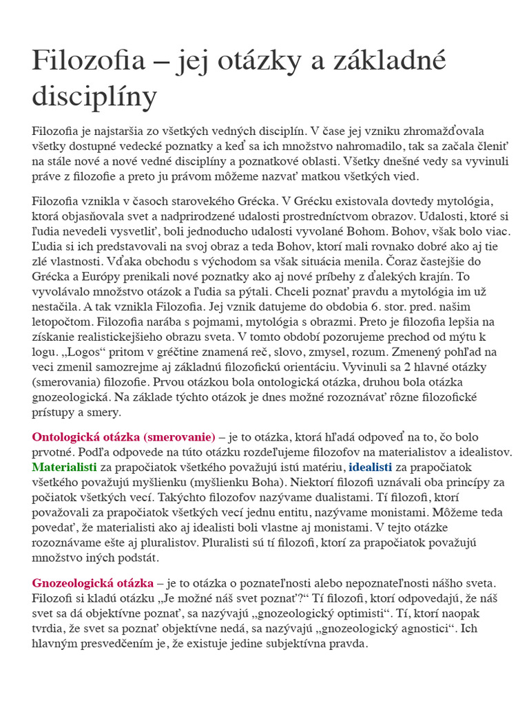 Filozofia - Jej Otázky A Základné Disciplíny | PDF
