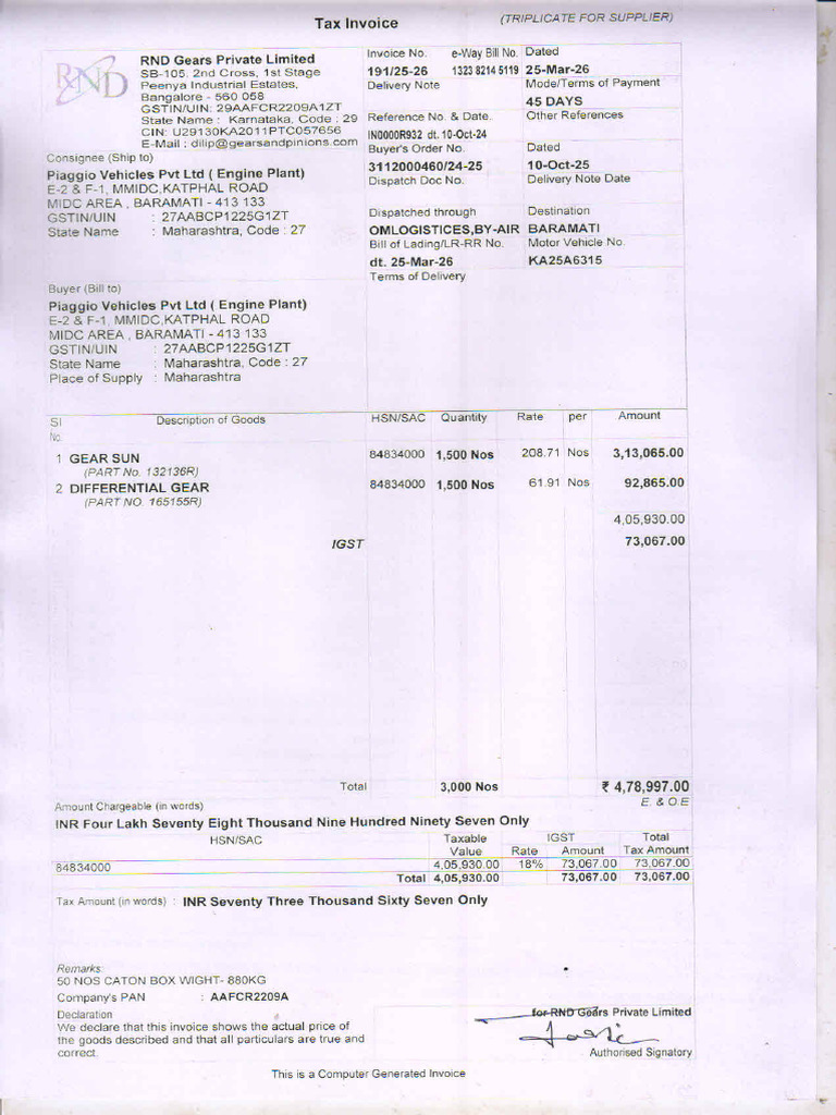 Piaggio Despatch Details Inv No 191-25-26 DT 25.03.2026. | PDF