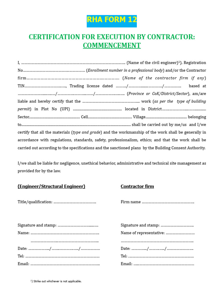 RHA FORM 12 Certification For Commencement Filed by The Contrator | PDF