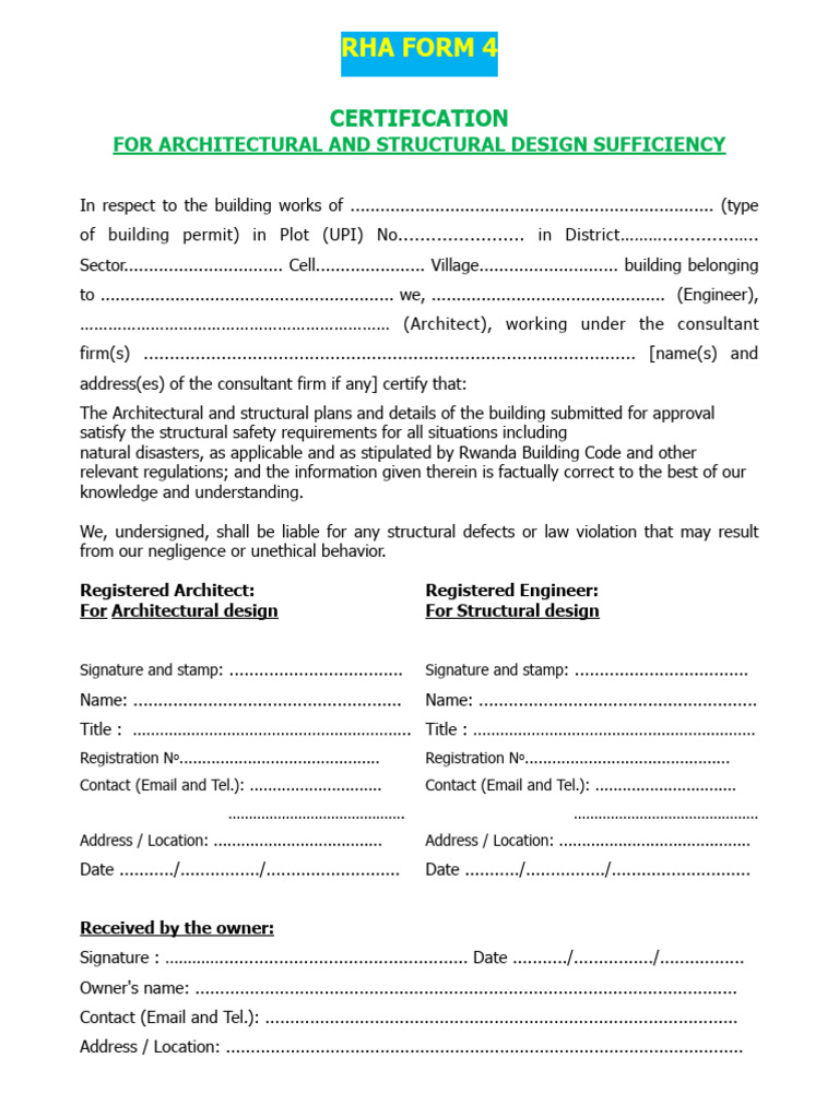 RHA FORM 4 Certification For Structural and Architectural Design ...