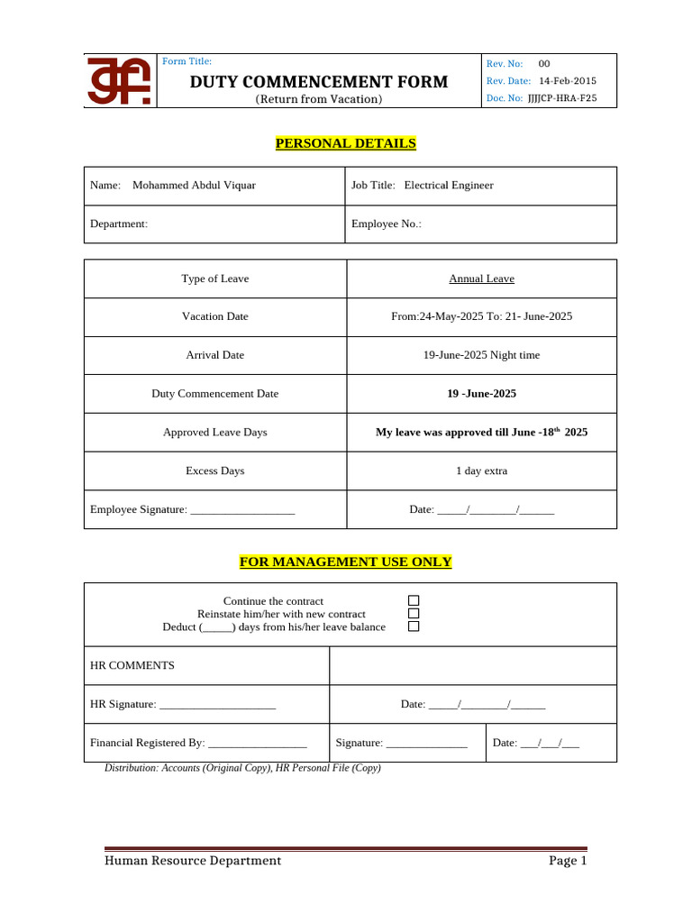 Jcp-Hra-F25 Duty Commencement Form | PDF