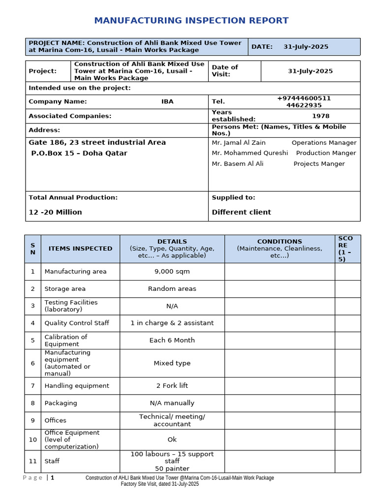 Manufacturing Inspection Report - Mir 31 July 2025 | PDF