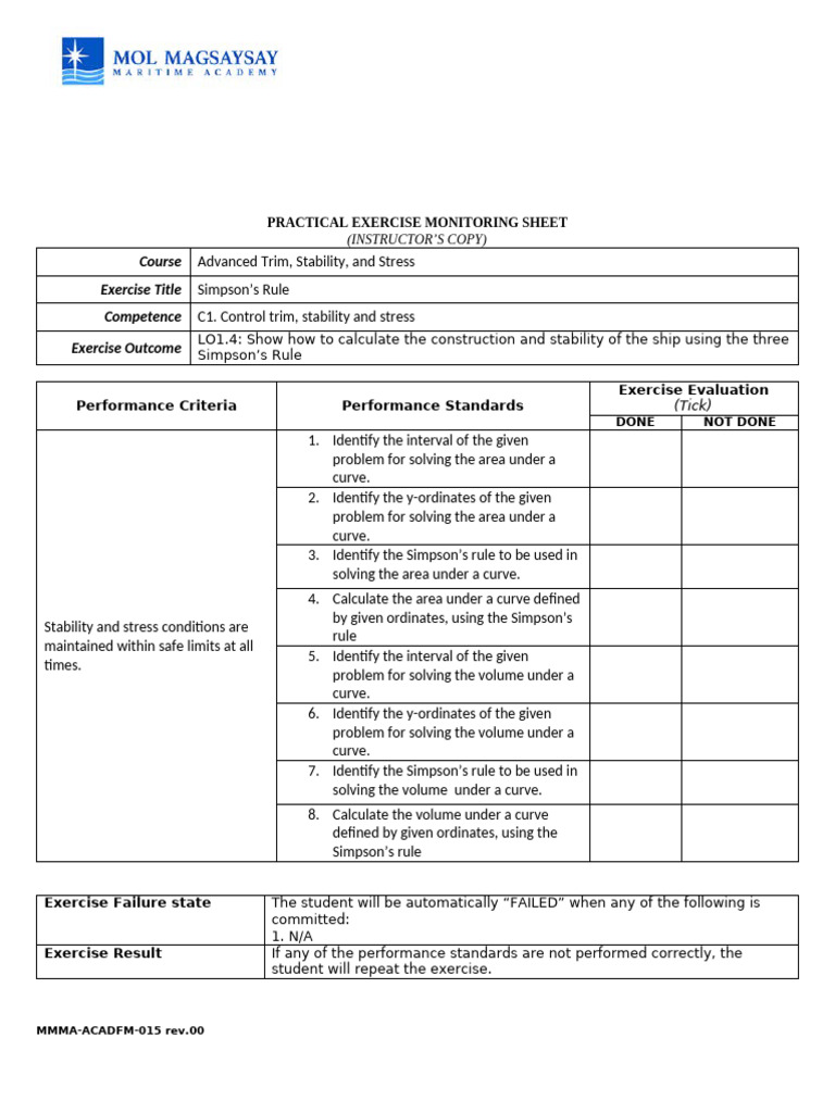 MMMA ACADFM 015 Rev.00 Practical Exercise Monitoring Sheet For ...