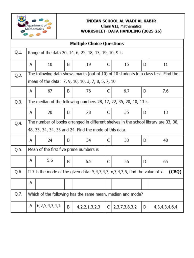 Class 7 Data Handling Worksheet 2025-26 | PDF | Mean