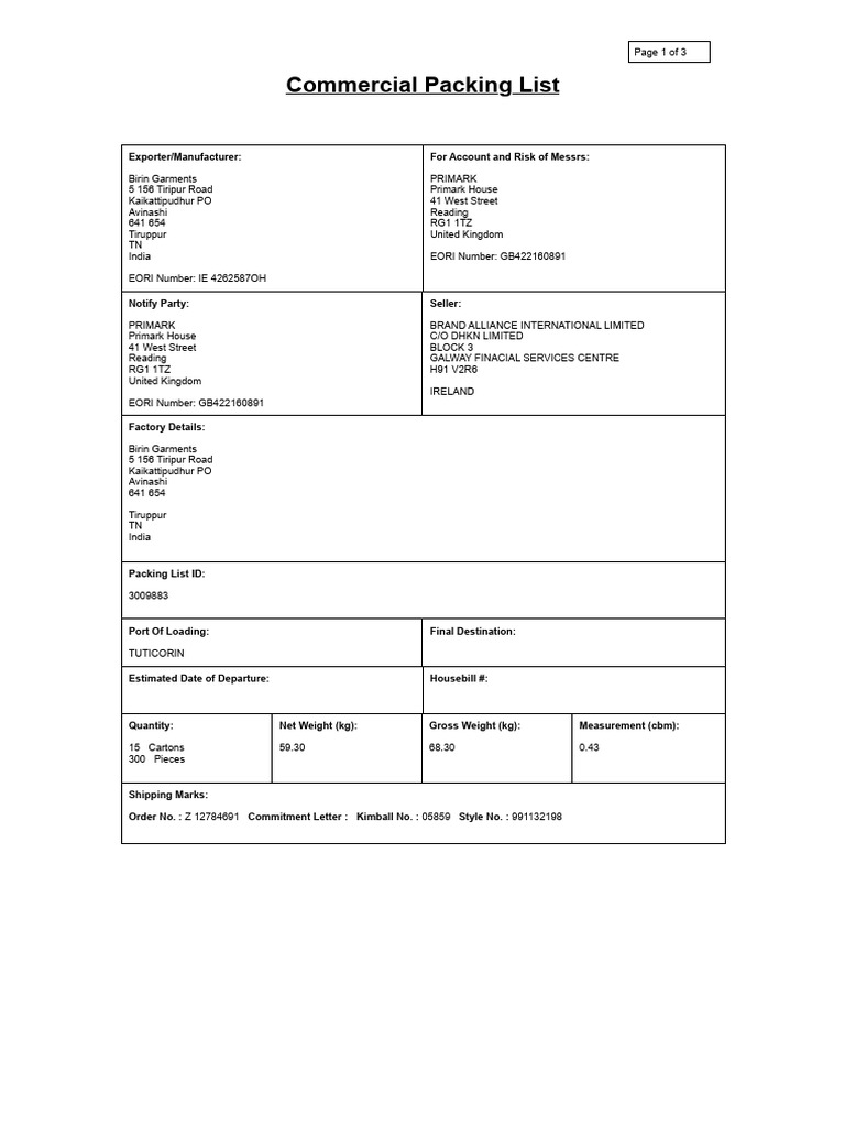 Commercial Packing List | PDF