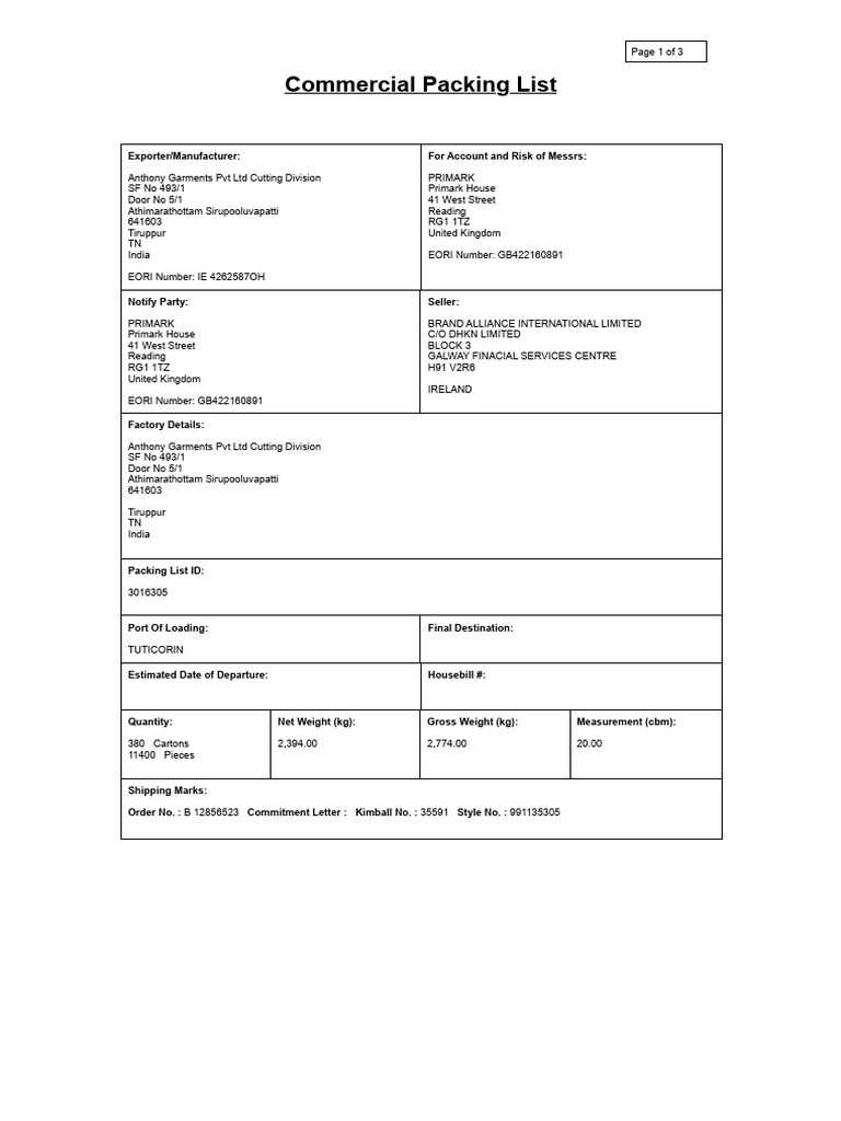 Commercial Packing List | PDF
