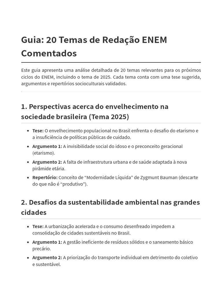 20 Temas de Redação Comentados | PDF