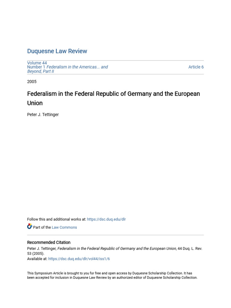 Federalism in The Federal Republic of Germany and The European Un | PDF