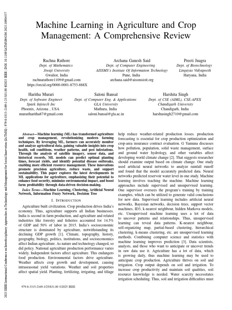 Machine Learning in Agriculture and Crop Management A Comprehensive ...
