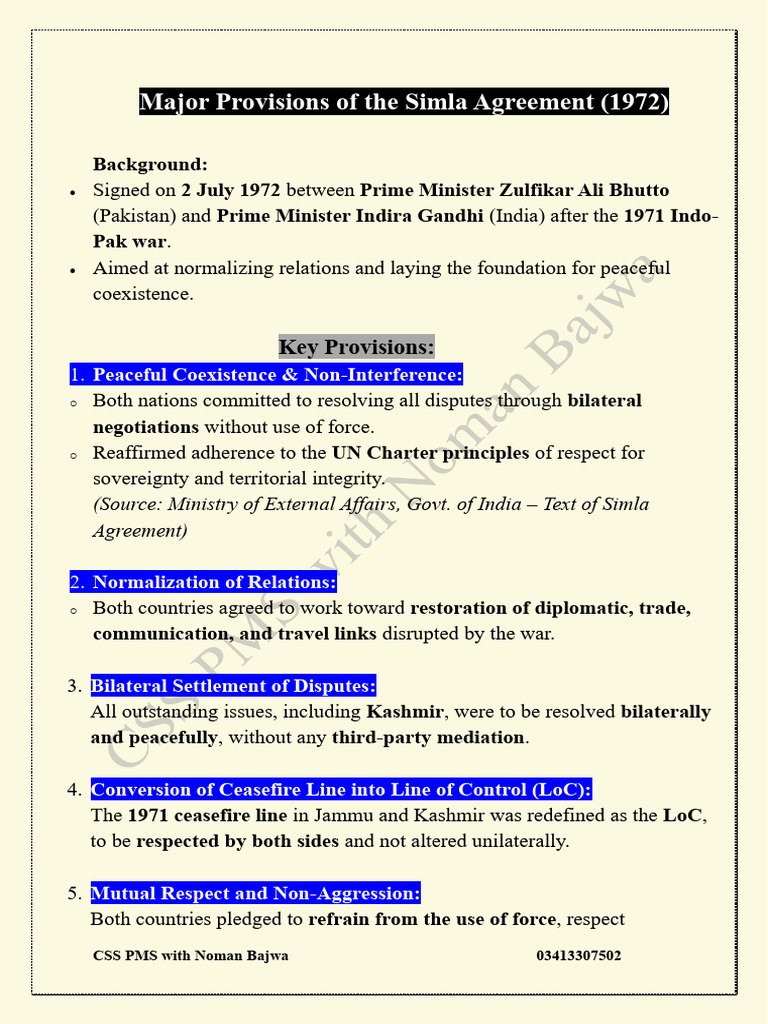 Major Provisions of The Simla Agreement | PDF