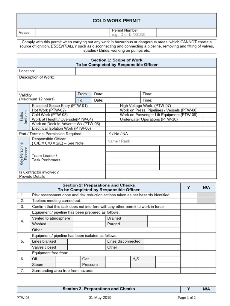PTW-03 Cold Work Permit | PDF | Occupational Safety And Health ...