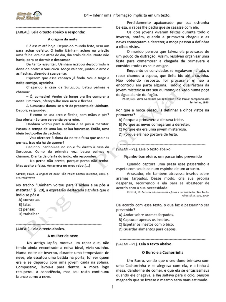 Simulado 3 - d4 Inferir Uma Informação Implícita em Um Texto | PDF