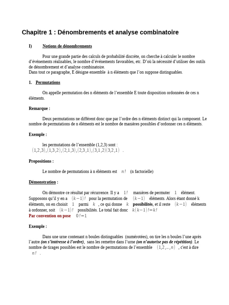 Chapitre 1 Denombrements Et Analyse Comb | PDF | Combinatoire | Permutation