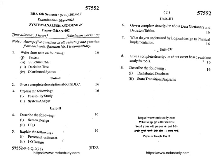 Bba 6 Sem System Analysis and Design 57552 May 2023 | PDF