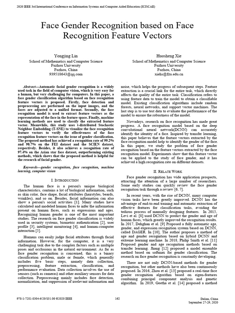 Face Gender Recognition Based On Face Recognition Feature Vectors | PDF
