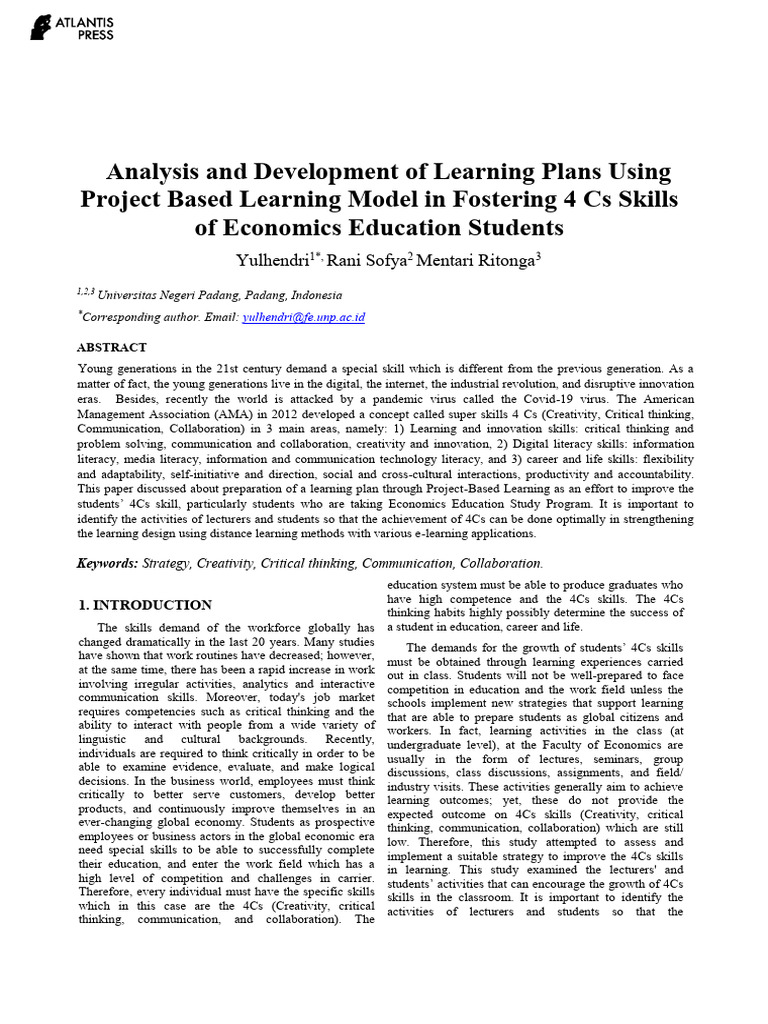 Analysis and Development of Learning Plans Using Project Based Learning ...