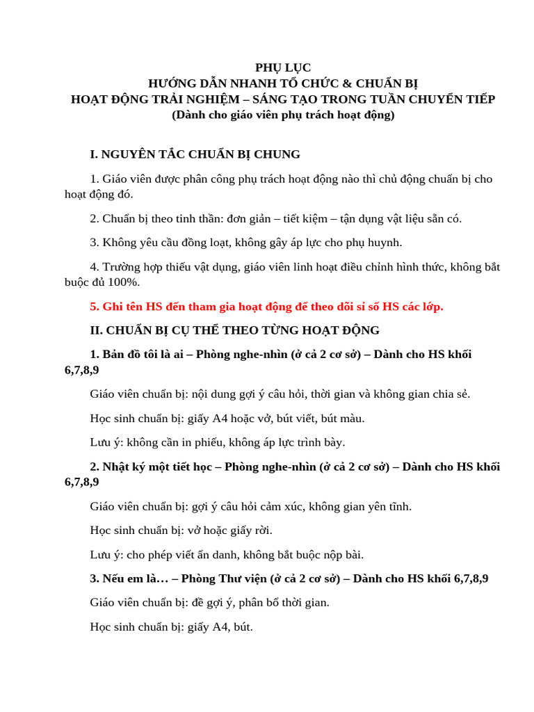 Phu Luc Huong Dan Hoat Dong Trai Nghiem THCS Binh Chau | PDF