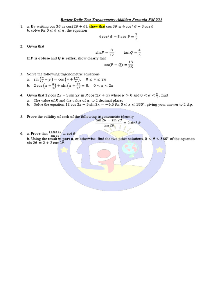 Review Daily Test Trigonometry Addition Formula FM Y11 | PDF