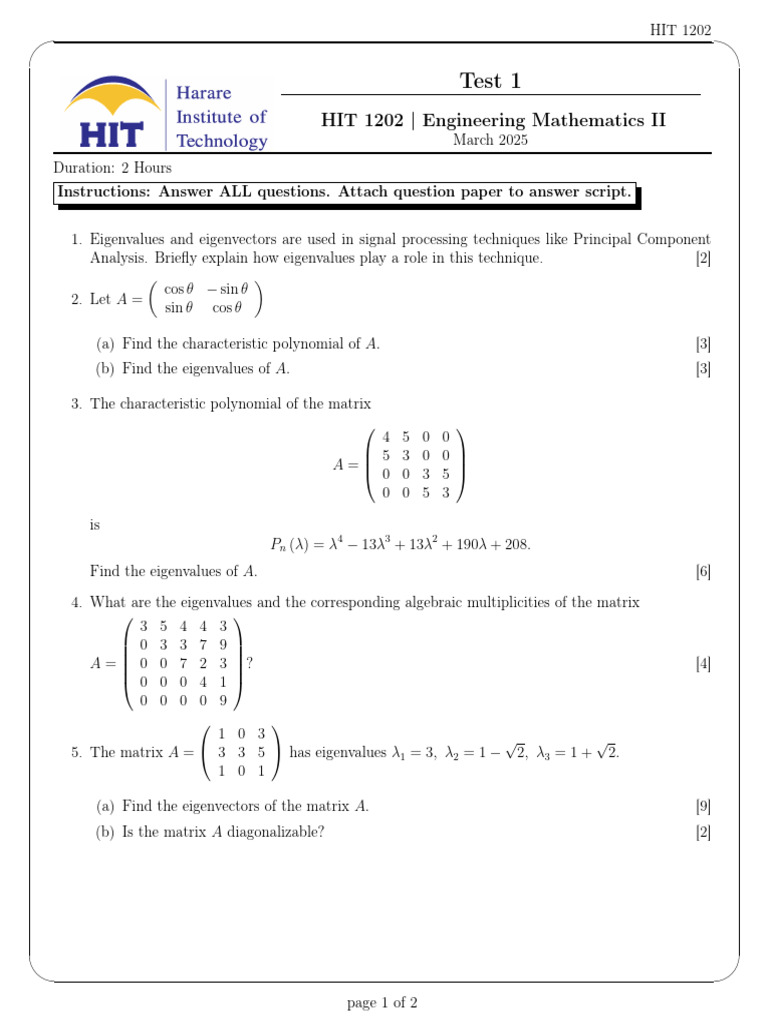 Test 1: HIT 1202 - Engineering Mathematics II | PDF