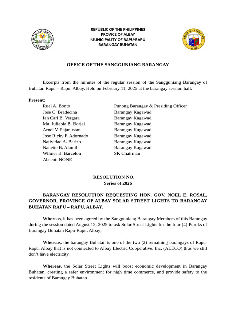 Barangay Resolution Solar Street Light | PDF