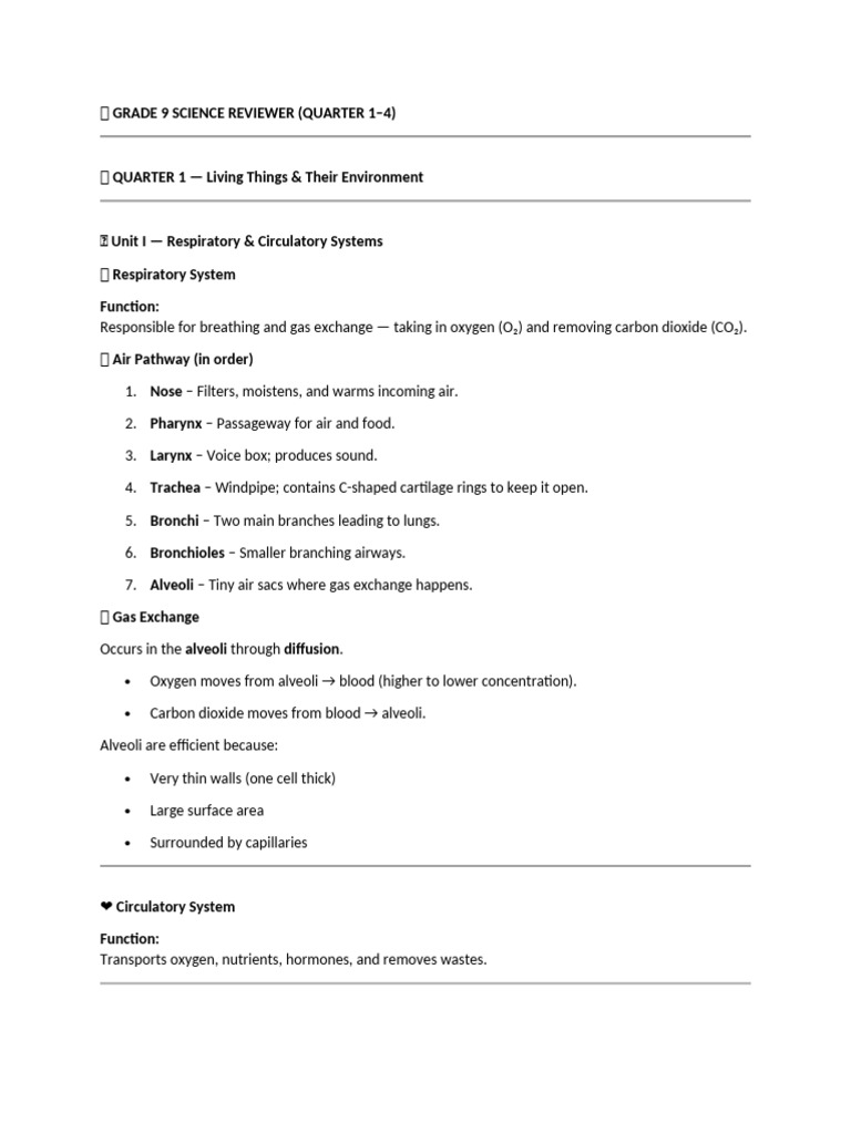 ? Grade 9 Science Reviewer | PDF | Respiratory Tract | Chemical Bond