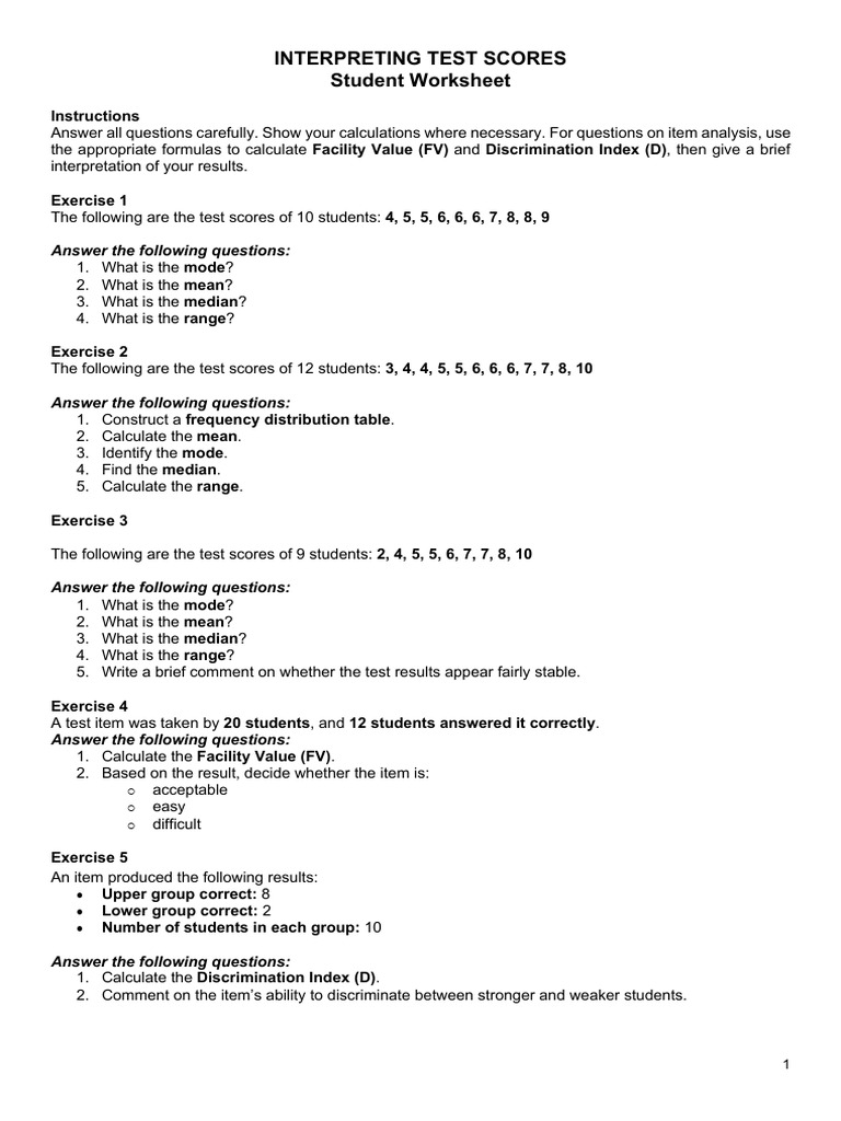 Interpreting Test Scores-Student WS | PDF | Mean