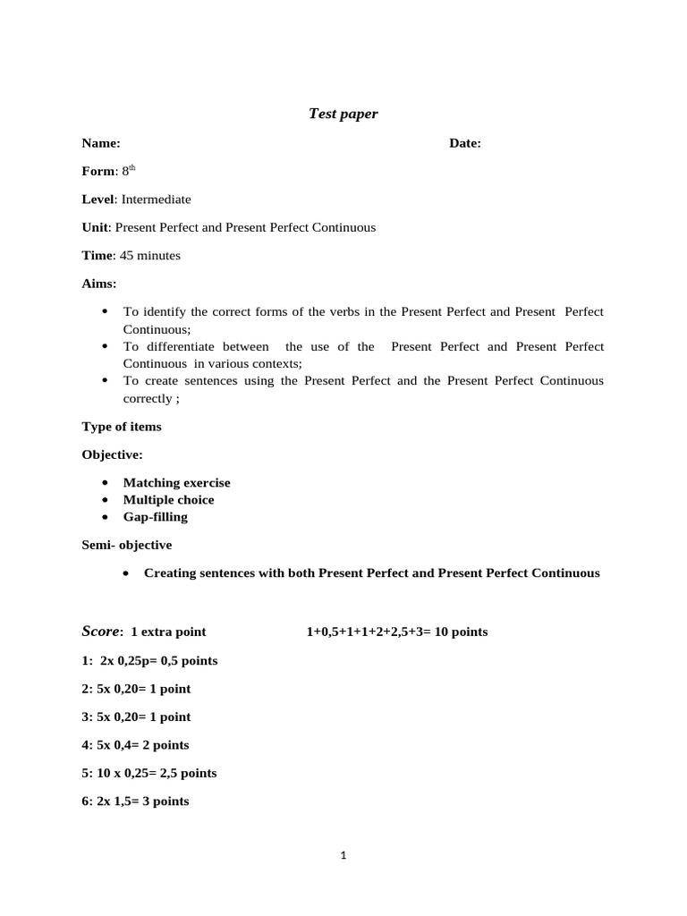 Test Paper Present Perfect and Present Perfect Continuous | PDF ...
