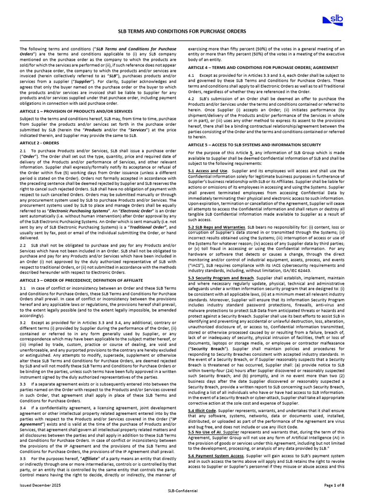 Schlumberger Purchase Order Terms and Conditions | PDF | Taxes | Indemnity