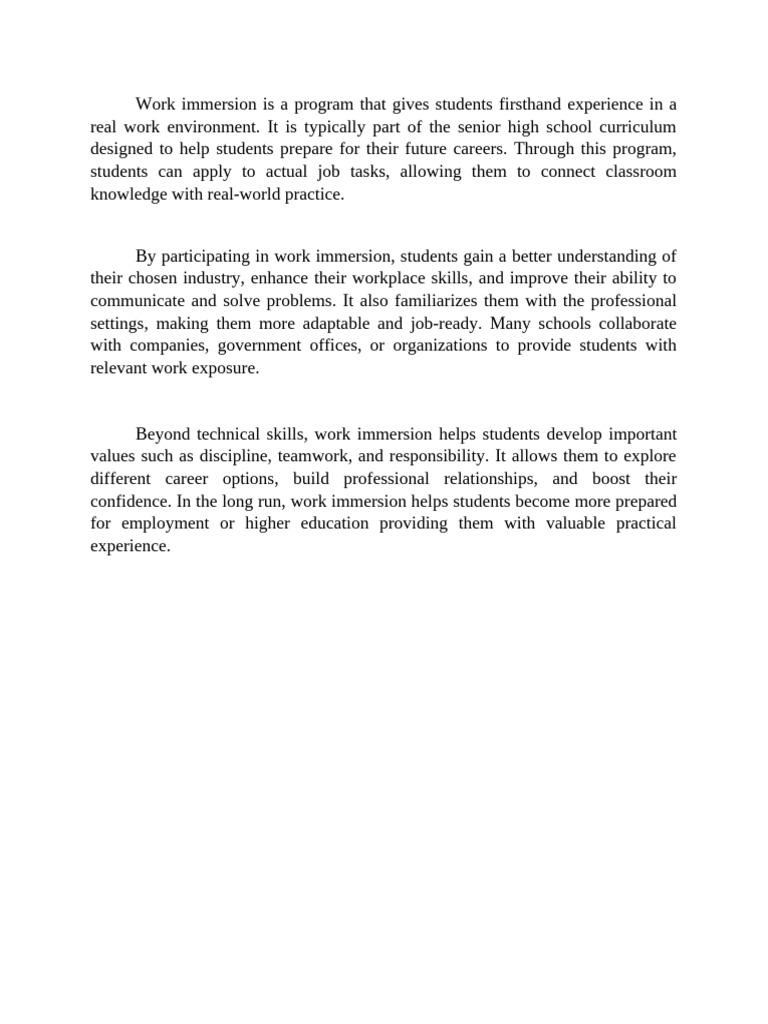 Work Immersion Is A Program That Gives Students Firsthand Experience in ...